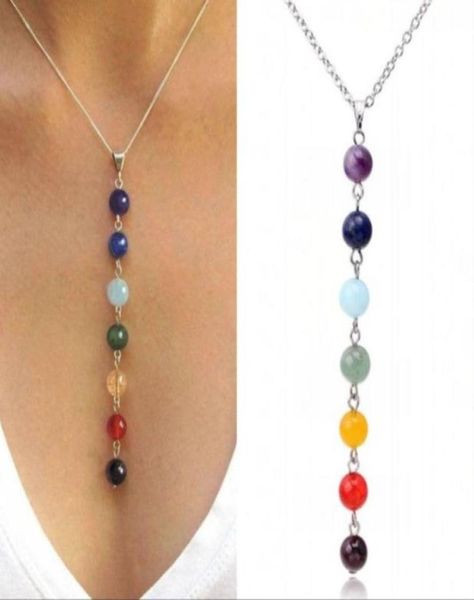 

7chakra reiki beads healing gemstone charms pendant necklace yoga balancing lapisturquoiseamethyst crystaljade fashion jewelry7690778, Silver