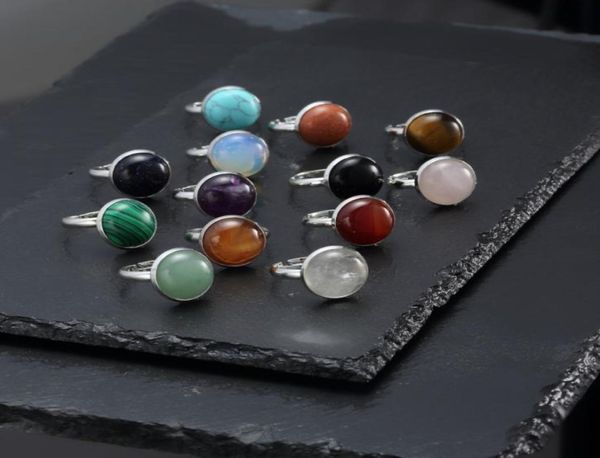 

10mm 12mm natural stone ring white blue turquoise opal pink crystal chakra open ring for women jewelry3979696, Golden;silver