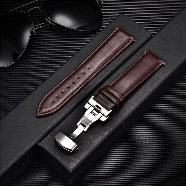 

watch bands smooth genuine calfskin leather watchband 18mm 20mm 22mm 24mm straps with solid automatic butterfly buckle business watch band 2, Black;brown