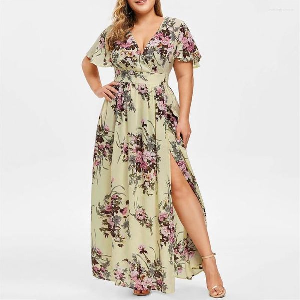 

fancy woman casual dresses plus size large sizes maxi summer sundress 2023 floral short sleeve chiffon tunics for party 5xl dress with slit, Black;gray