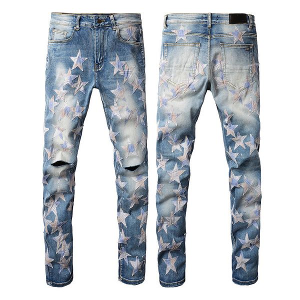 

summer men light blue straight ripped elastic slim skinny cloth star jean
