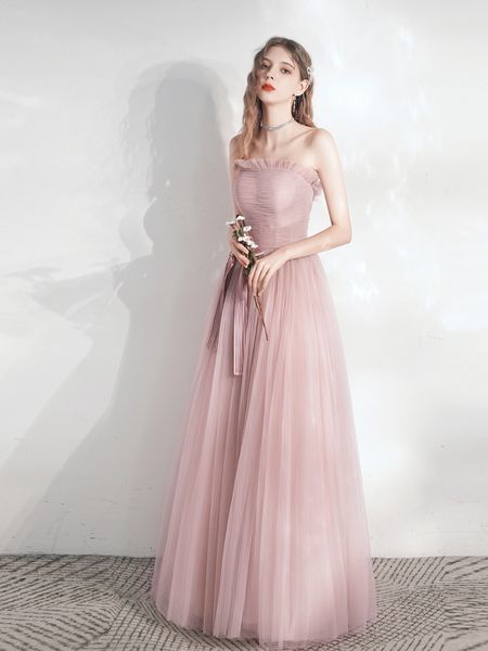 

elegant pink celebrity dress strapless bow soft tulle backless lace up sleeveless a line long weeding party bridesmaid prom gown, Black;red
