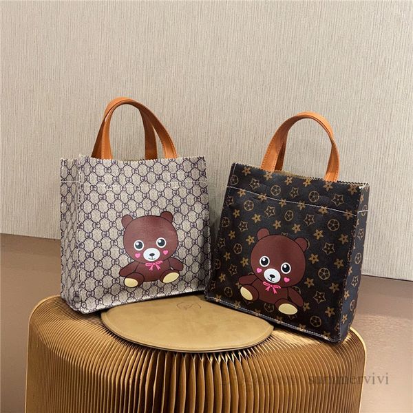 

big kids letter bears pattern handbags old girls floral printed tote lady style teenagers children all-matching square handbag z1478, Black