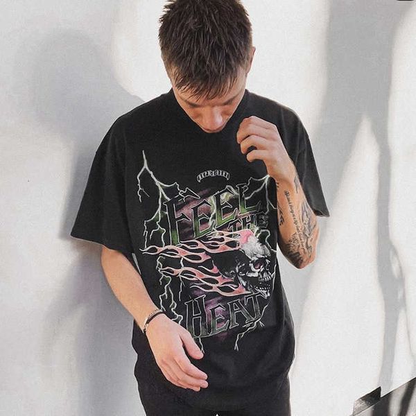 

Men's T-Shirts REPRESENT Designer fashion Parade Lightning Skull Wash Short Sleeve Vintage Casual Round Neck Couple T-shirt, Black