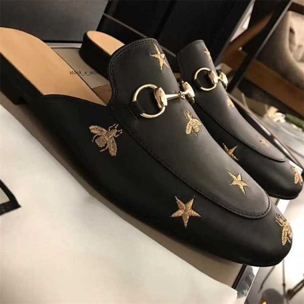 

fashion mules princetown leather loafers shoes men slipper black star small bee metal chain men wonen fur slippers ladies casual sandal no14
