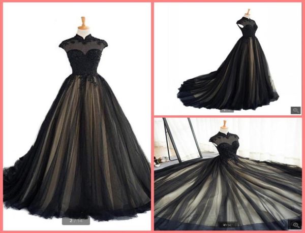 

2021 real picture black champagne tulle a line prom dress high neckline cap sleeve modest lace appliques prom gowns beaded muslim 5109070