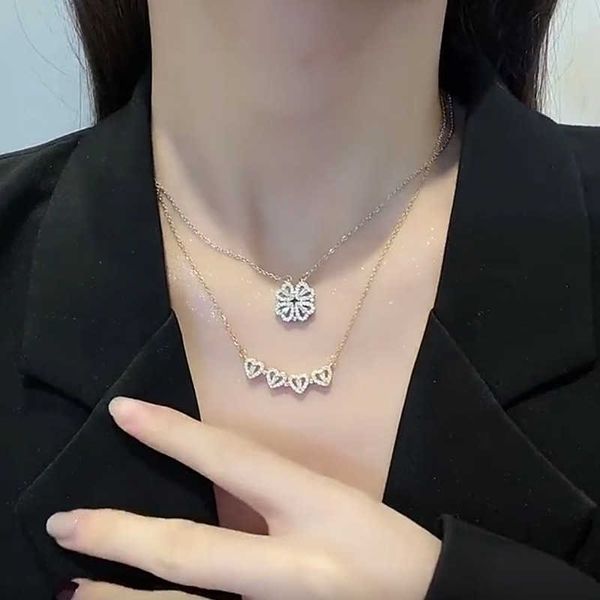 

multi-functional love clover necklace women's titanium steel light luxury small design sense pendant heart connected magnet collarbone, Black