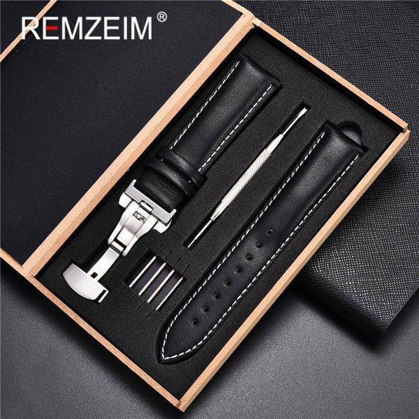 

watch bands remzeim soft calfskin leather watchbands 18mm 20mm 22mm 24mm straps automatic butterfly clasp watch accessories with box 230411, Black;brown