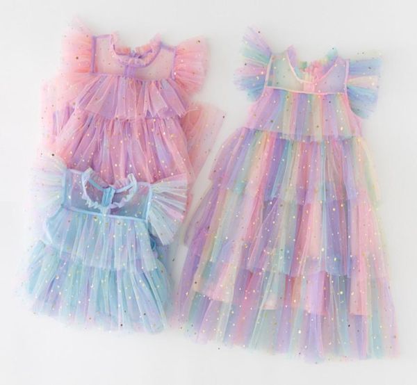 

summer girls stars sequins lace tulle dresses kids colorful color gauze tiered tutu cake dress children birthday party clothes a955959263, Red;yellow