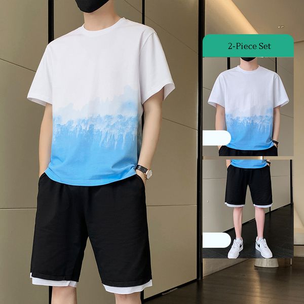

men s tracksuits summer men short sleeve two pieces set cotton loose tracksuit o neck t shirt shorts casual sets mens korean print clothing, Gray