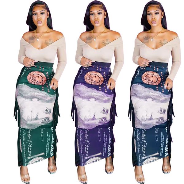 

2023 designer dresses money tassels long skirts women party club wear fashion us dollar printed skirt summer clothes streetwear bulk wholesa, Black;gray