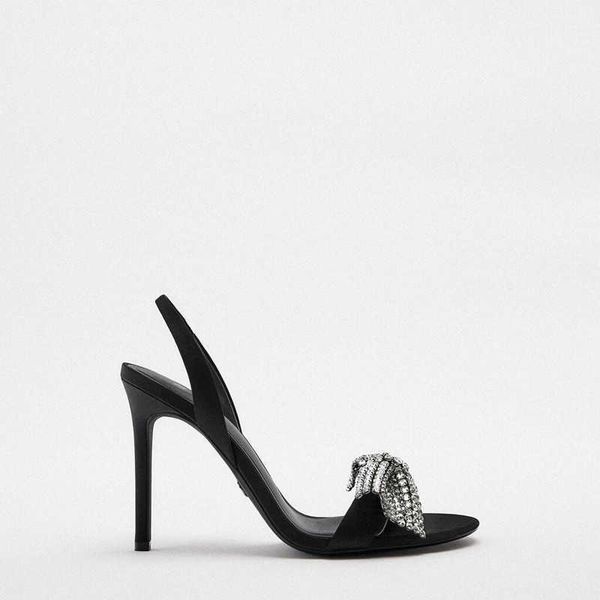 

nxy sandals bow high heeled women autumn black slingback heels luxury rhinestones wedding pumps plus size shoes 230406