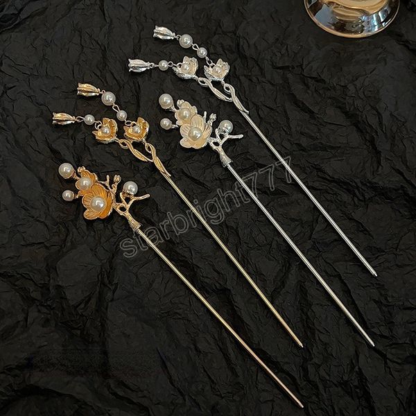 

hair clips for women hair stick elegant metal pearl flower shape girls hair clip hair accessories, Slivery;white