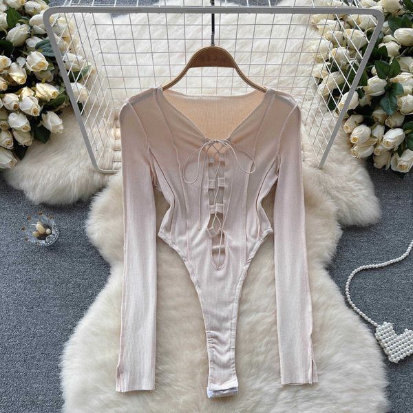 

nxy fashion lace up bodysuit women long sleeves chic slim jumpsuits streetwear solid hollow out beach bodysuits 230328, Black;white