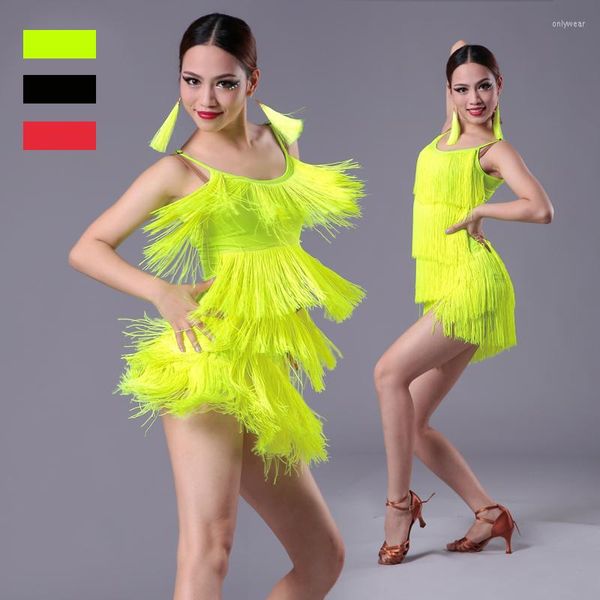 

stage wear tassel fringe salsa tango dance costume girls women modern ballroom latin dress red black performance, Black;red