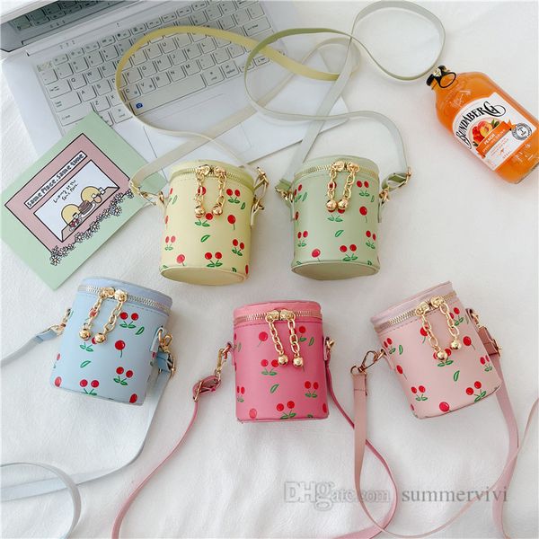 

kids cherry printed handbags girls crossbody circular bucket cosmetics bags fashion children single shoulder bag z1474, Black