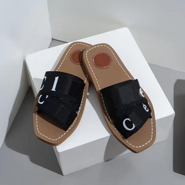 

2023 four colors designer summer sandals slippers beach women new fashion sandal striped causal flip flops flat slide cotton ribbon, Black