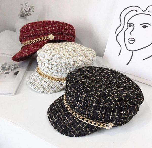 

berets 2021 women vintage metal chain tweed hat winter retro flat warm hats female plaid youth cap2791798, Blue;gray