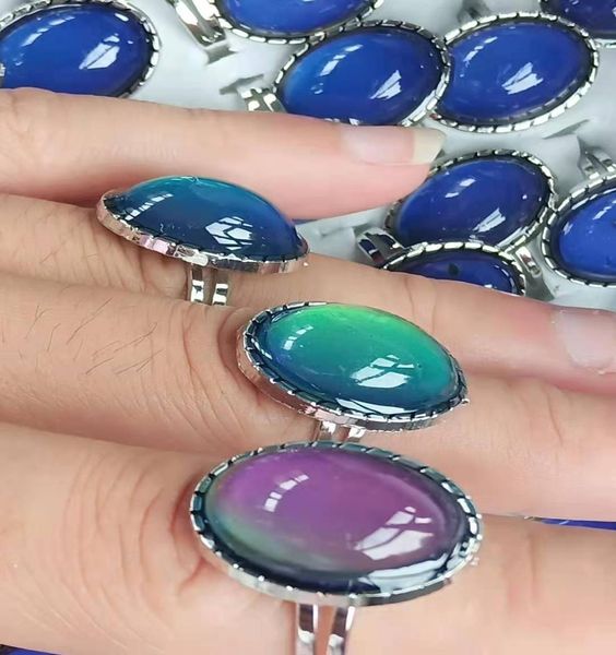 

large oval crystal mood ring jewelry stainless steel color changing ring adjustable9694426, Silver