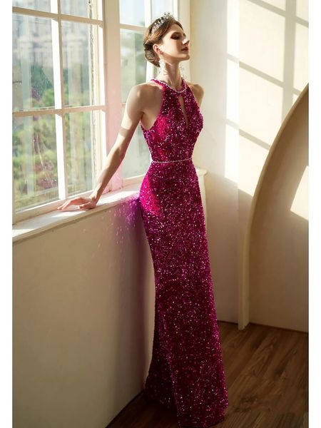 

mermaid celebrity dress fuchsia purple glitter sequined halter pearl tassel hollow out backless party evening gowns bridal, Black;red