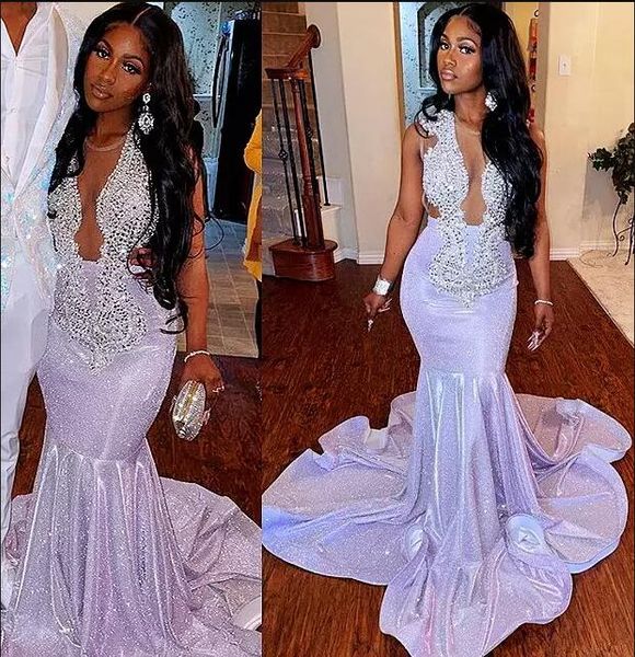 

lavender beaded crystals prom dresses 2023 arabic aso ebi sheer neck mermaid sequined evening occasion reception gown, Black