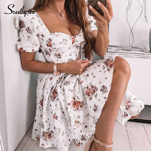 

casual dresses southpire bohe flower print white women's short puff sleeve zipper mini sundress elegant summer dress ladies clothing 23, Black;gray
