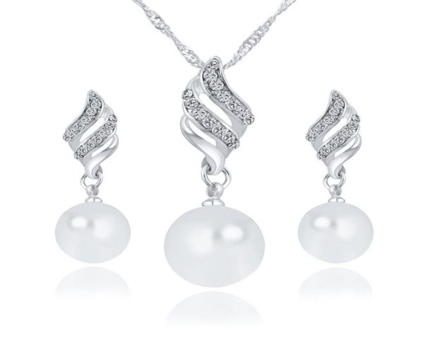 

crystal rhinestone jewelry sets bridal wedding silver gold color fashion imitation pearl stud earrings necklace set for women girl1528742