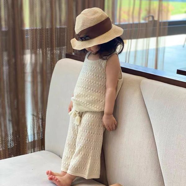 

clothing sets summer baby clothes fashion hollow lace design knit sleeveless pullovers vest tassel elastic wide leg pants kids 230412, White
