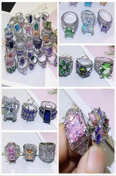 

mix 925 silver plated gemstone rings with side stones super shining colorful zircon stone micro pave zirconia finger ring for wome1799313