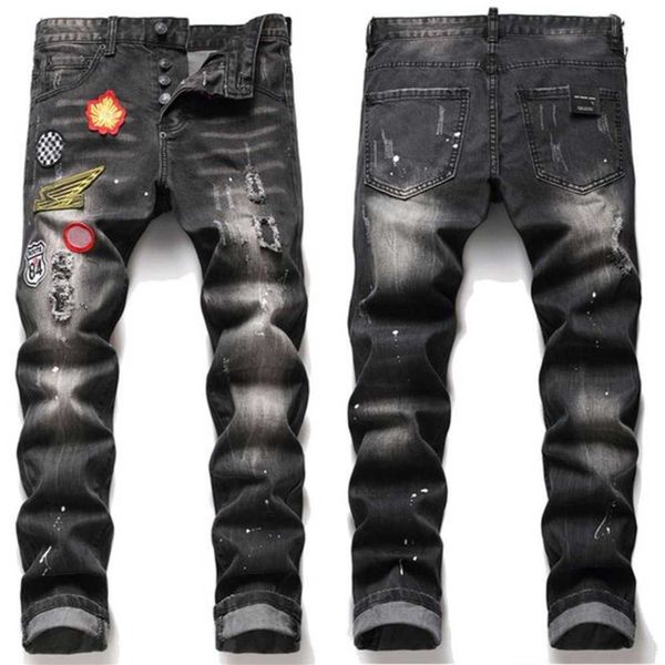 

men's jeans men slim fit ripped badge hole destroyed skinny straight leg washed frayed motocycle denim pants hip hop stretch biker dist, Blue