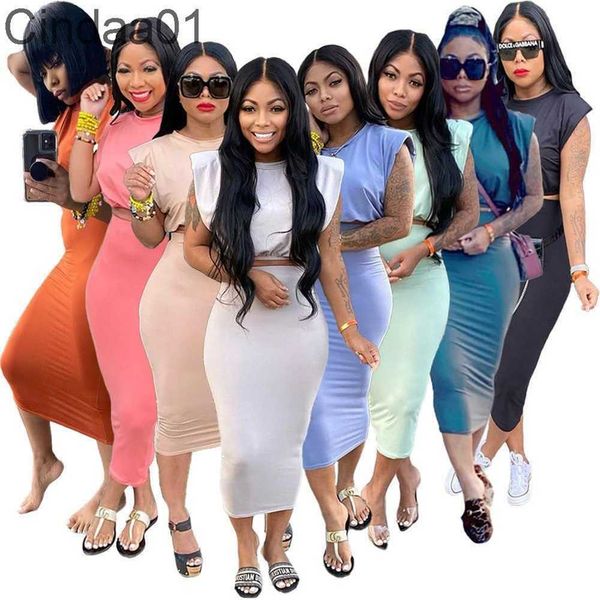 

women two piece dress outfits summer sleeveless shoulder pad t-shirt one step skirt set solid colour versatile casual suit, White