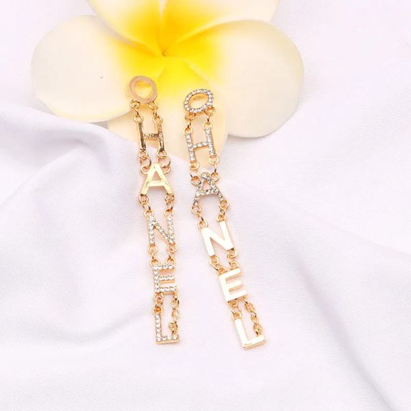 

18K Gold Plated Luxury Brand Designers Double Letters Stud Long Clip Chain Geometric Famous Women 925 Silver Crystal Rhinestone Earring Wedding Party Jewerlry