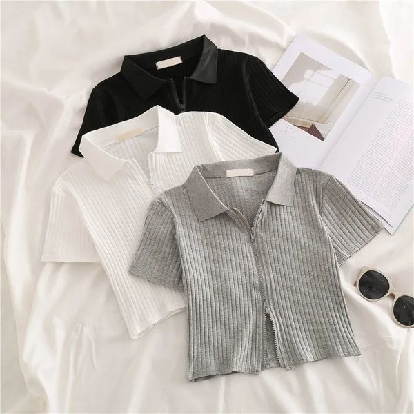 

tshirts children summer tee girl striped tshirt high waist crop short zipper slim sleeve 230412, Blue