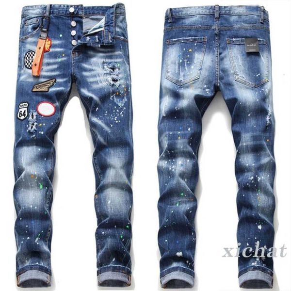

men's jeans men slim fit ripped badge hole destroyed skinny straight leg washed frayed motocycle denim pants hip hop stretch biker dist, Blue
