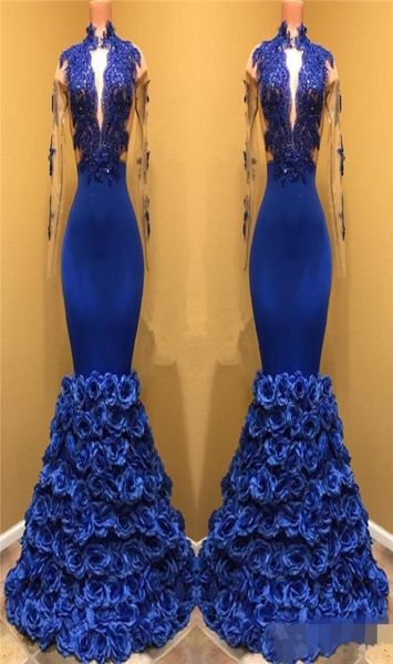 

royal blue black girls mermaid evening dresses long sleeves lace applique keyhole neck prom dresses 3d rose flowers pageant gowns2250415