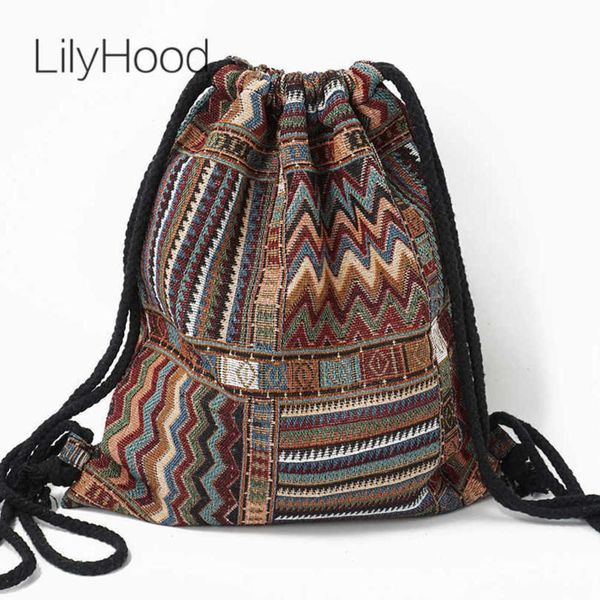 

2023 women fabric backpack female gypsy bohemian boho chic aztec ibiza tribal ethnic cottage soft brown drawstring rucksack bags 230412