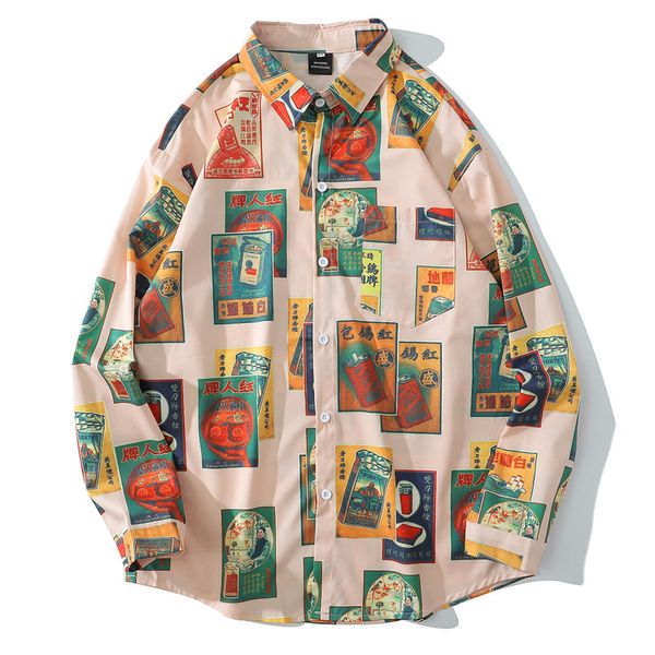 

hawaiian beach shirts harajuku vintage poster print long sleeve aloha party holiday shirt mens casual button down, White;black