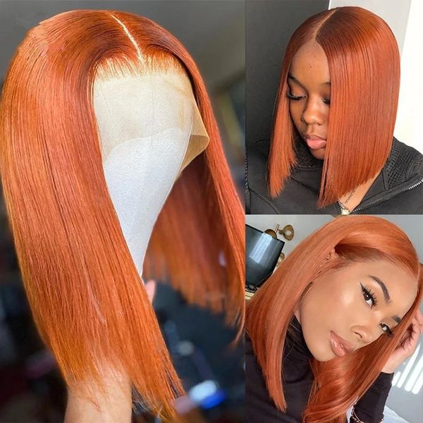 

ginger short bob t part lace front wigs 100% human hair wigs bob lace wigs for women blonde orange straight brazilian hair closure wig, Black;brown