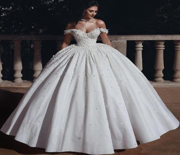 

arabic off the shoulder ball gown wedding dresses 2020 vestidos de noiva beads flowers laceup back bridal gowns9899644, White