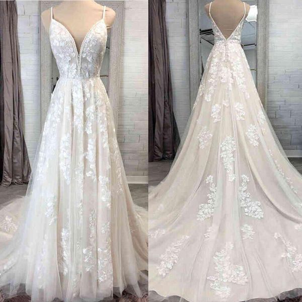 

white lace wedding dresses spaghetti straps v neck backless bridal gowns train