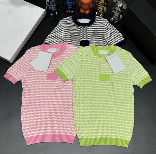 

women t-shirt contrasting color striped logo embroidery short sleeve casual tee classic crew neck design threaded edge pullover knitted wom, White