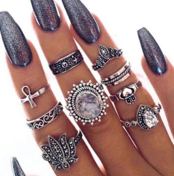 

vintage knuckle ring sets womens national style antique silver fake gemstone crystal teardrop fingernail ring sets6913789