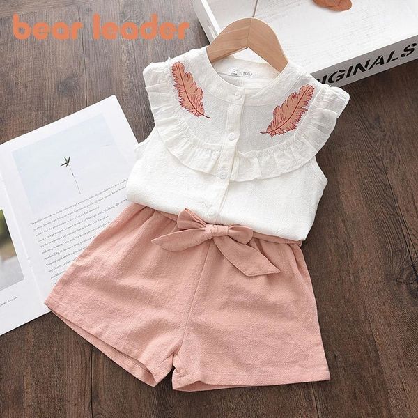 

clothing sets bear leader kid baby girls feather clothes 2023 summer sleeveless bandage shorts fashion lovely 2 7 years 230412, White