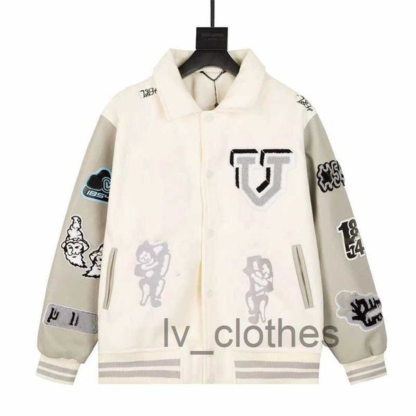 

2023 men's jacket r brand men's fashion women's standing collar jacket varsity blouson jacket arm strap embroidery patch jack, Black;brown