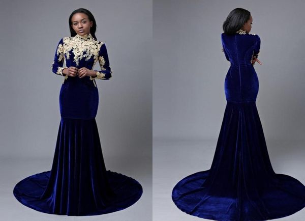 

fashion velvet mermaid prom dress royal blue long sleeves 2020 gold lace applique sweep train zipper evening formal dress go5788360, Black