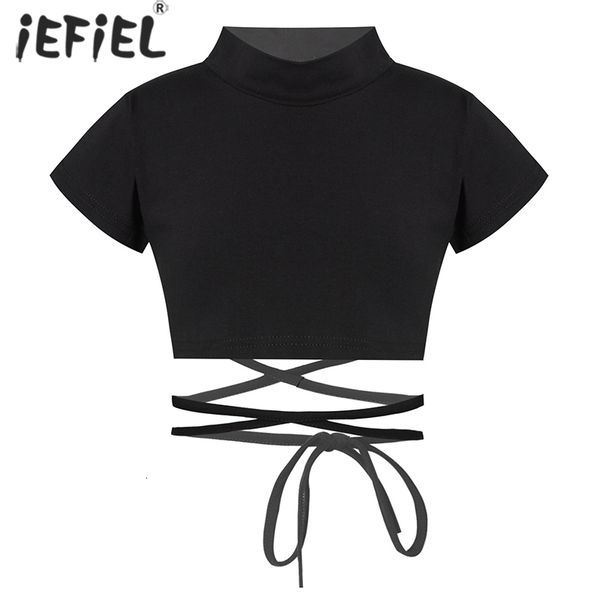 

tshirts kids girls cotton round neck tank short sleeve jazz dance hip hop performance costume sport crop sash tie cross waist 230412, Blue