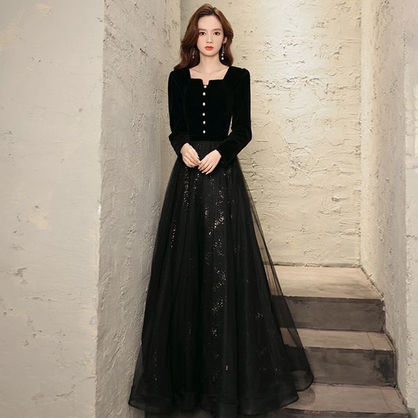 

black elegant celebrity dress velvet full sleeves pearl button square collar empire sequins a-line tulle woman formal party gown, Black;red