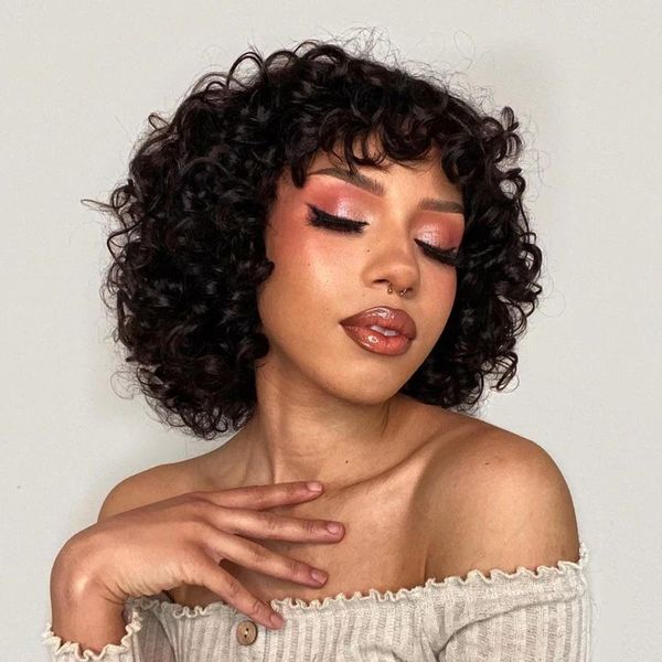 

glueless rose curly wig with bangs human hair natural color full machine made peruvian remy fumi curly short bob human hair wigs for women, Black;brown