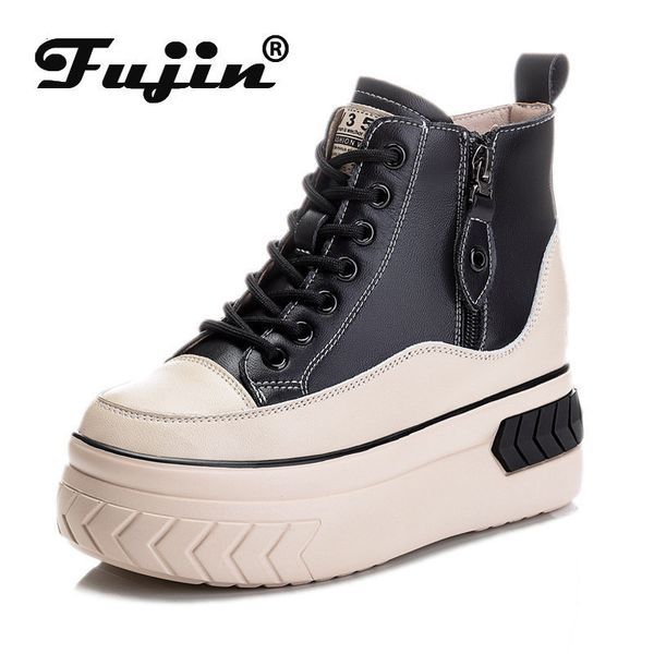 

dress shoes fujin high women genuine leather 8cm platform boots wedge hidden heel zip spring autumn warm fur winter sneakers 230412, Black