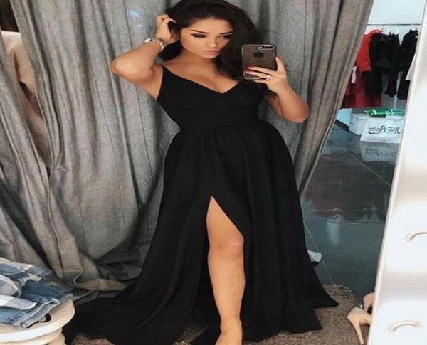 

women039s aline chiffon long black evening dress with slit vestido de festa straps vneck floor length prom gowns custom 9858221, Black;red